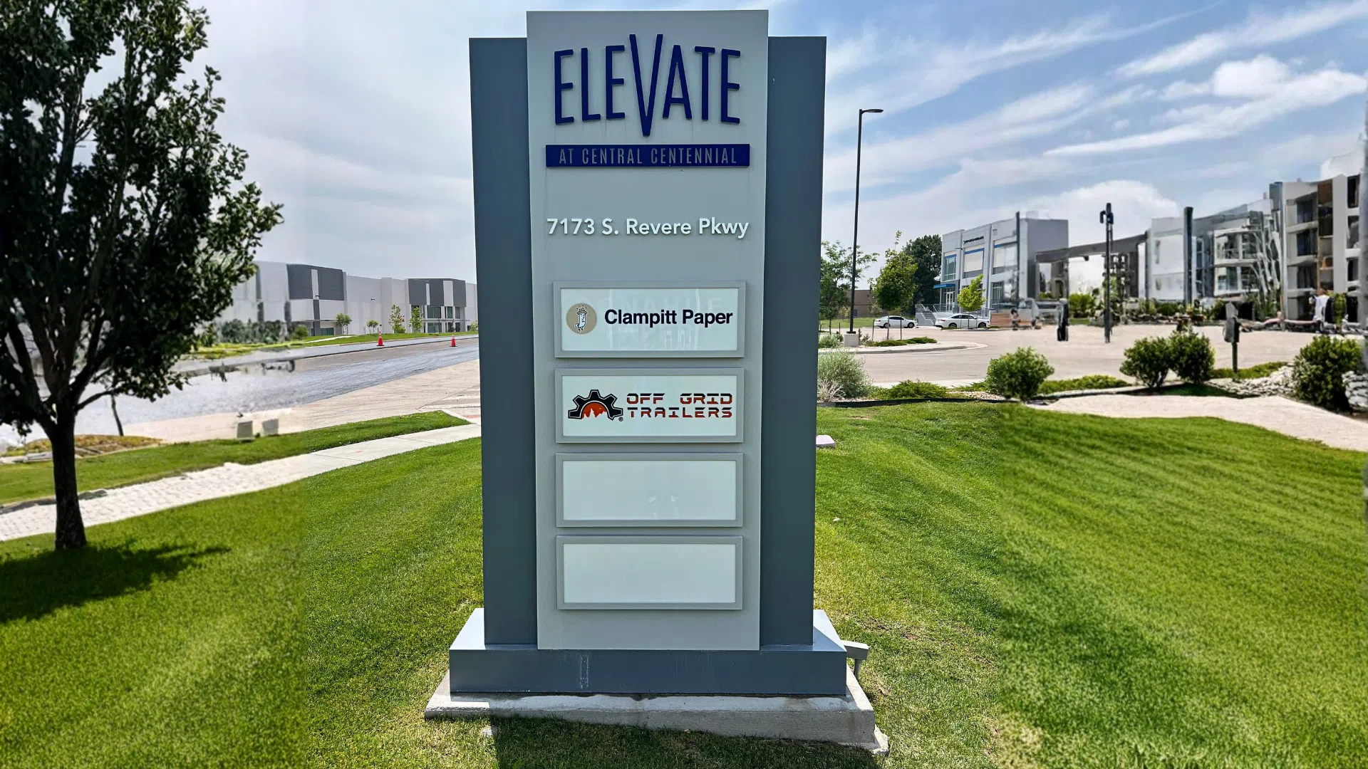 Monument sign for Elevate at Central Centennial located at 7173 S. Revere Parkway in Denver, Colorado.