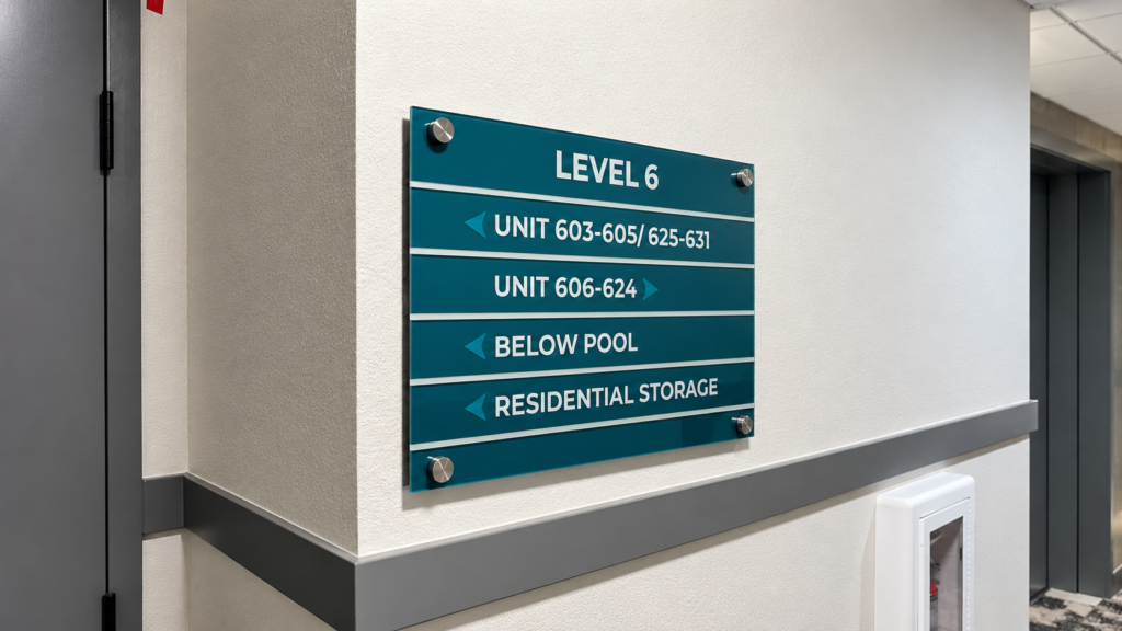 Teal Level 6 directory sign with arrows directing residents to apartment units, pool access, and residential storage.