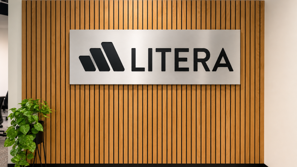 Brushed metal Litera office logo sign with black lettering mounted on a vertical wood slat feature wall.