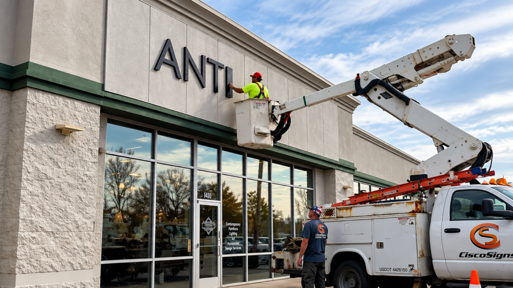 Sign installer in a bucket lift mounting dimensional letters on a commercial storefront
